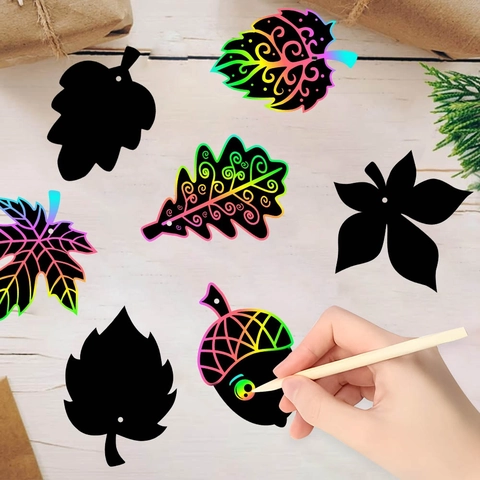 Ringraziamento Carta Da Grattare Forme Foglia Di Acero Ghianda Etichette Arcobaleno Diy Con Penne Di Legno E Nastri