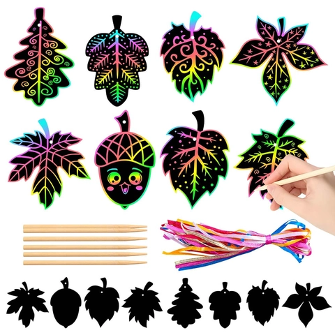 Ringraziamento Carta Da Grattare Forme Foglia Di Acero Ghianda Etichette Arcobaleno Diy Con Penne Di Legno E Nastri