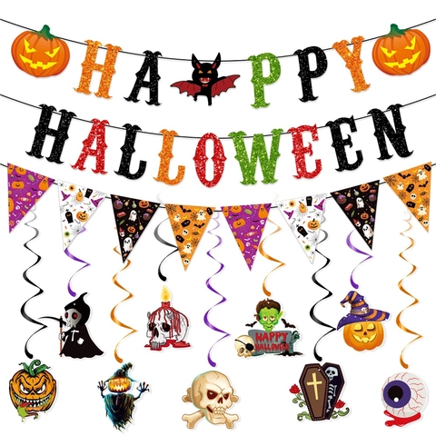 Halloween Decoration Hanging Swirls Glitter Happy Halloween Banner Paper Bunting Party Props Spooky Atmosphere Decor