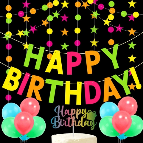 Bannière Happy Birthday Fluorescente Néon Et Guirlandes Étoiles Points Avec Décoration De Gâteau Pour Fête Lumineuse En Papier
