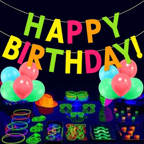 Bannière Happy Birthday Fluorescente Néon Et Guirlandes Étoiles Points Avec Décoration De Gâteau Pour Fête Lumineuse En Papier