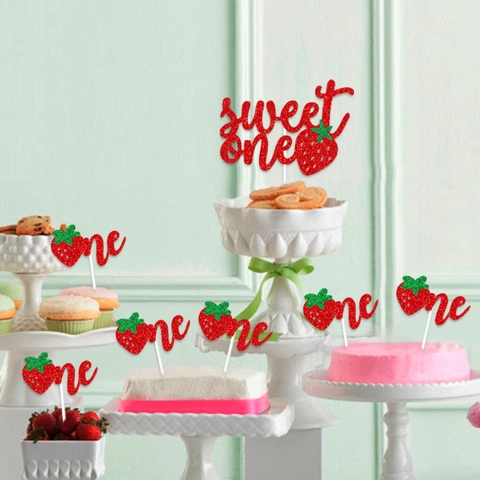 Decorazioni Per Torta Festa Di Compleanno Tema Fragola Sweet One Cupcake Carta Luccicante Forniture Scintillanti