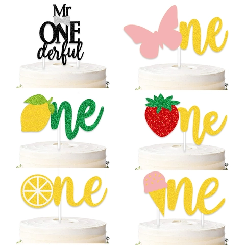 Glitter Cake Topper Lettering Fruit Strawberry Lemon Theme Birthday Celebration Party Decoration For Baby