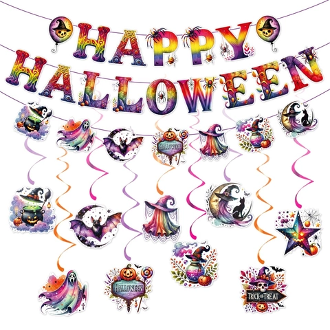 Decorazione Per Feste Di Halloween Striscioni In Cartoncino E Spirali In PVC Ornamenti Appesi Ghirlanda Acquerello Casa