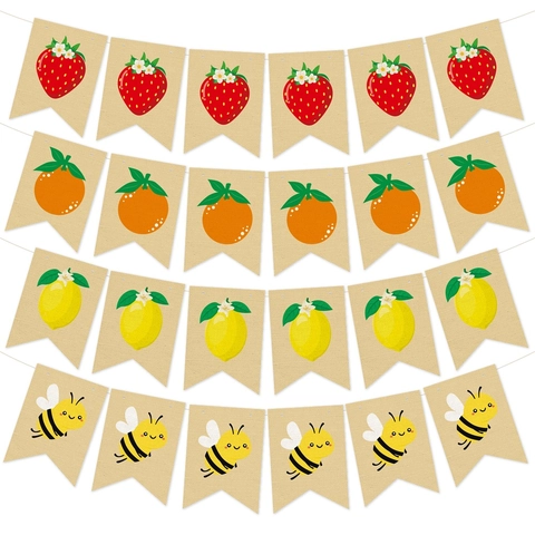 Summer Fruit Burlap Banner Rustic Strawberry Lemon Orange Bee Bunting Garland For Birthday Party Picnic Background Decor
