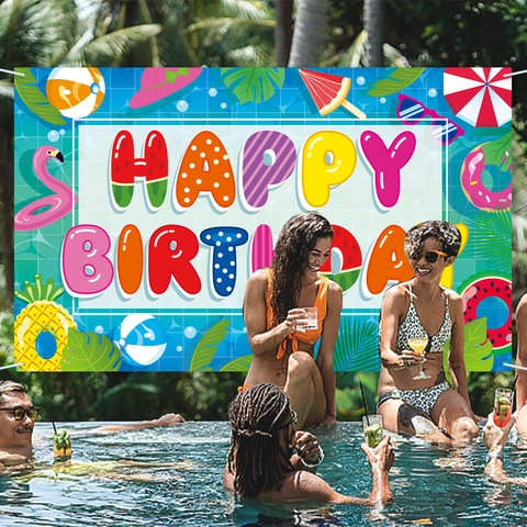 Sommer Pool Party Happy Birthday Hintergrund Polyester Banner Flamingo Ananas Dekoration Für Strand Geburtstag
