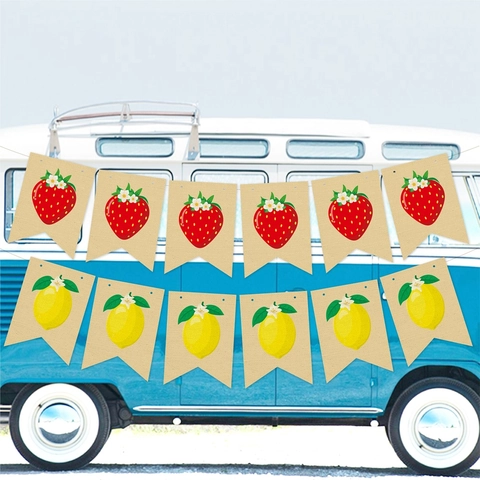 Summer Fruit Burlap Banner Rustic Strawberry Lemon Orange Bee Bunting Garland For Birthday Party Picnic Background Decor