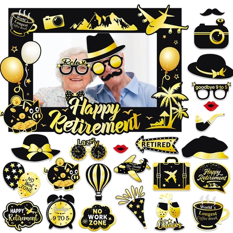 Fröhliche Pensionierung Fotostützen Handheld Rahmen Schwarz Gold Thema Lustige Selfie Dekorationen Papier