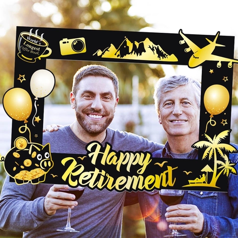 Fröhliche Pensionierung Fotostützen Handheld Rahmen Schwarz Gold Thema Lustige Selfie Dekorationen Papier