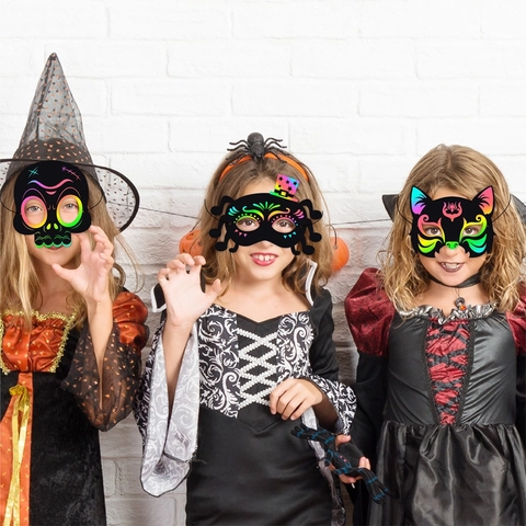 Halloween Scratch Art Masks DIY Cardboard Rainbow Craft For Kids Party Costume Decorations Pumpkin Bat Spider Design