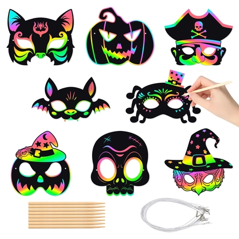 Halloween Scratch Art Masks DIY Cardboard Rainbow Craft For Kids Party Costume Decorations Pumpkin Bat Spider Design