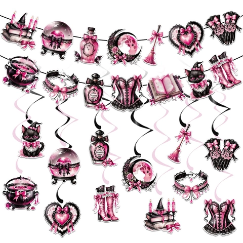 Halloween Party Decoration Banner Hanging Swirls Pink Black Gothic Witch Theme Cat Potion Bottle Crystal Ball Patterns