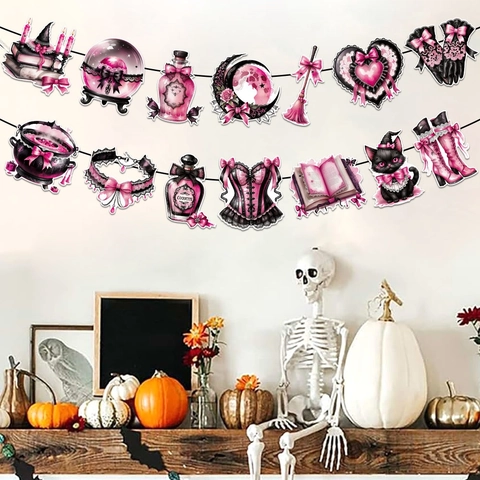 Halloween Party Decoration Banner Hanging Swirls Pink Black Gothic Witch Theme Cat Potion Bottle Crystal Ball Patterns