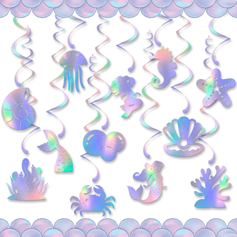 Decorazioni Appese A Spirale Tema Sirena Laser Iridescente Creatura Marina Ornamenti Da Soffitto Compleanno Bambini