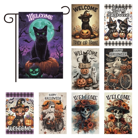 Halloween Garden Flag Burlap Linen Outdoor Yard Decorative Banner Welcome Pumpkin Skull Ghost Black Cat Party Ornament