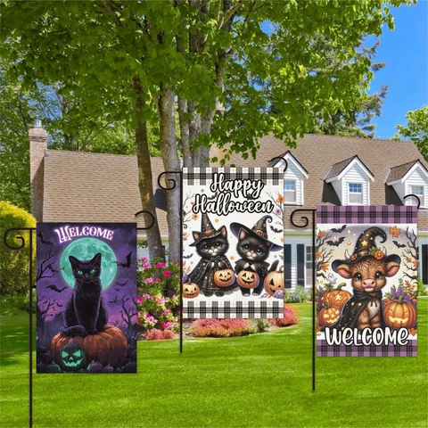 Halloween Garden Flag Burlap Linen Outdoor Yard Decorative Banner Welcome Pumpkin Skull Ghost Black Cat Party Ornament