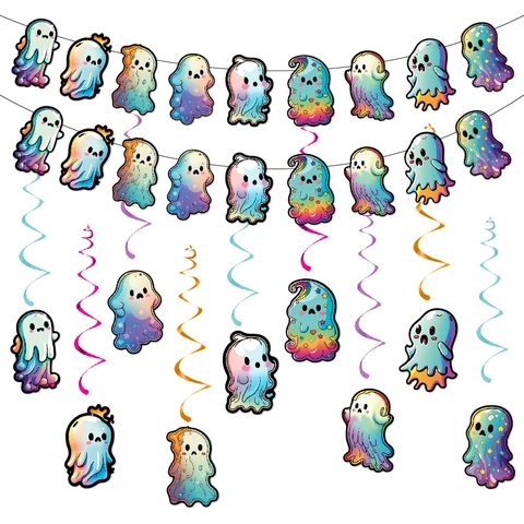 Banner Sospesi Fantasmi Halloween E Spirali Cartone PVC Sfumato Arcobaleno Decorazioni Per Feste Carine
