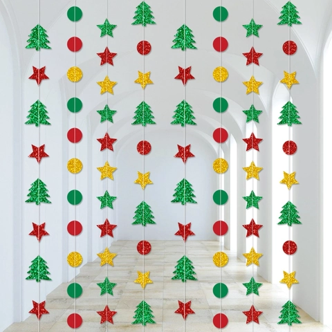 Christmas Garland Decoration Glitter Paper Star Tree Circle Stitched Hanging Bunting For Holiday Party Home Ornament