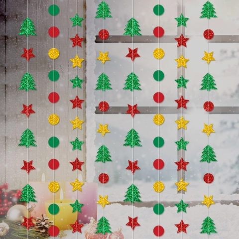 Christmas Garland Decoration Glitter Paper Star Tree Circle Stitched Hanging Bunting For Holiday Party Home Ornament