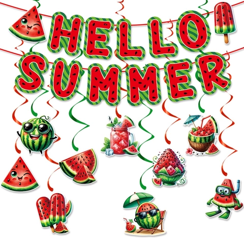 Wassermelone Sommer Party Dekoration Set Hello Summer Papier Banner Und PVC Hängende Wirbel Hawaii Strand Thema