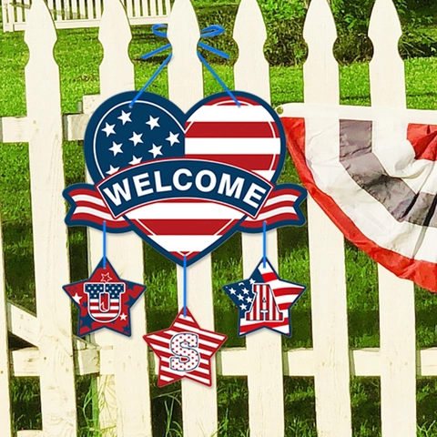 Decorazione Sospesa Porta Giorno Indipendenza Cartone Patriottico Rosso Bianco Blu Aquila Welcome USA Festa Decoro