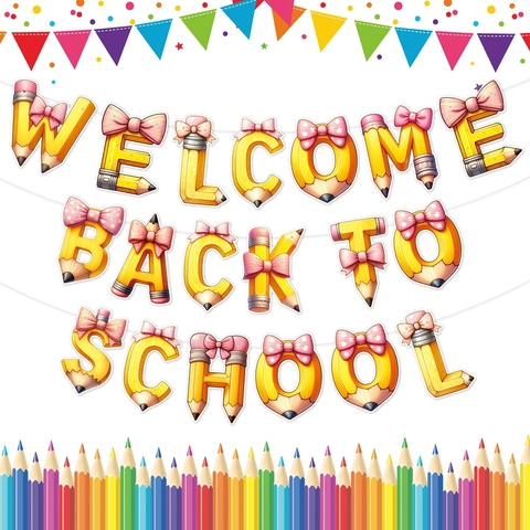 Welcome Back To School Banner Pencil Shape Paper Pull Flag For Classroom Party Decoration Cartoon DIY Hanging Bunting