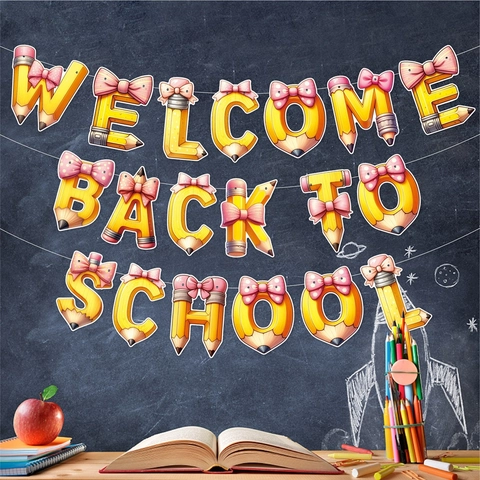 Welcome Back To School Banner Pencil Shape Paper Pull Flag For Classroom Party Decoration Cartoon DIY Hanging Bunting