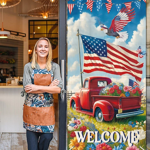 Patriotic Independence Day Door Banner American Flag Bald Eagle Red Truck Welcome Sign July Holiday Party Decor Polyester