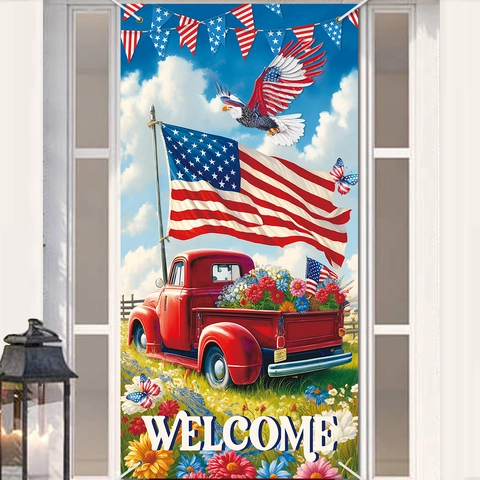 Patriotic Independence Day Door Banner American Flag Bald Eagle Red Truck Welcome Sign July Holiday Party Decor Polyester