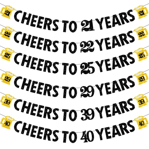 Cheers To Years Compleanno Anniversario Banner Festa Carta Luccicante Decorazione Nero Oro Motivo Boccale Birra