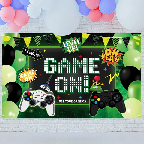 Videospel Thema Verjaardagsfeest Achtergrond Polyester Pixel Game On Banner Decoratie Voor Gamer Jongens Kinderen Kamer