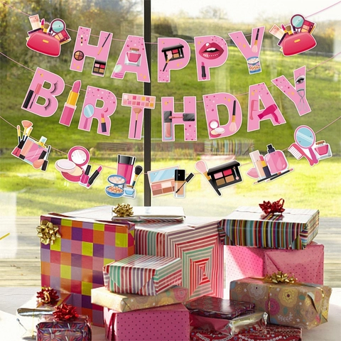 Decorazione Per Festa Di Compleanno Tema Trucco Banner In Cartone Cake Toppers Spirali Appese Rosa Stile Cartone Animato Per Ragazze