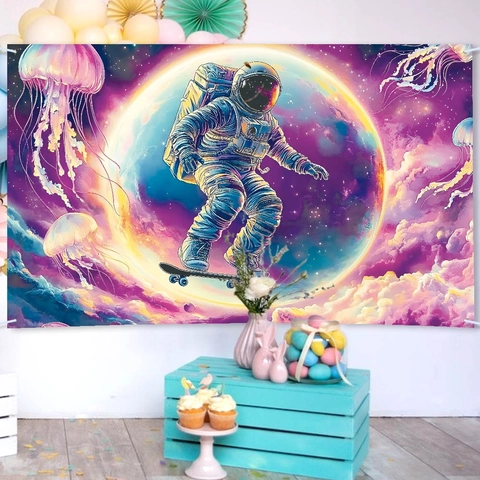 Space Astronaut Skateboarding Universe Background Cloth Polyester Backdrop For Birthday Party Decor Photography Wall Hanging