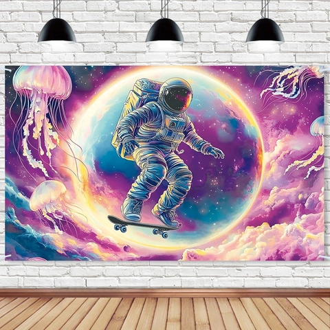 Space Astronaut Skateboarding Universe Background Cloth Polyester Backdrop For Birthday Party Decor Photography Wall Hanging