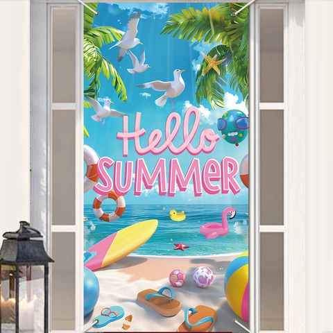 Bannière de Fête de Plage Hello Summer Décoration de Porte Hawaïenne Tropicale Toile de Fond en Polyester pour Maison Extérieur