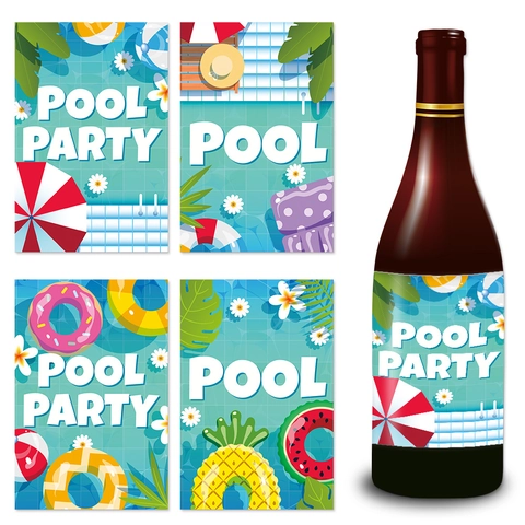 Hawaii Verano Pool Party Pegatinas Para Botellas De Vino Impermeable Adhesivo Etiquetas De Bebidas Tema Playa Tropical Decoración