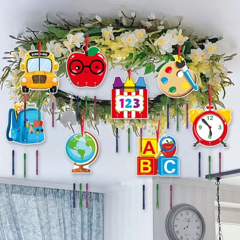 Back To School Wind Chimes Hanging Ornaments Foam Board Metal Tubes DIY Cartoon For Classroom Kindergarten Party Decoration