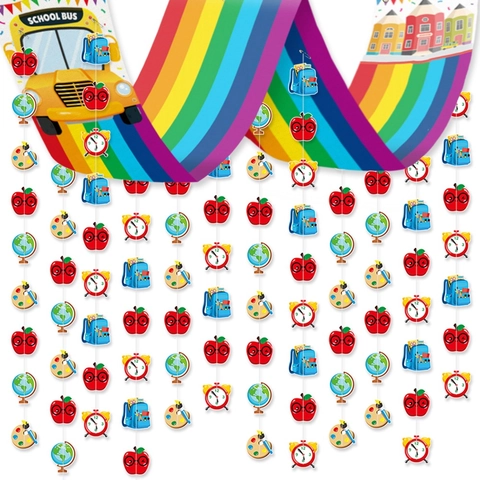 Back To School Party Hanging Decorations Rainbow Banner Streamer Polyester Cardboard School Bus Apple Globe Classroom Decor