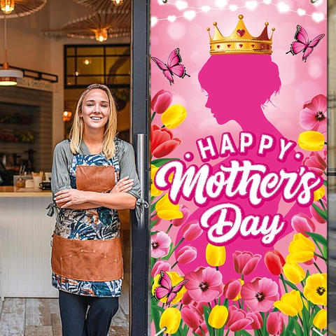 Gelukkige Moederdag Deur Banner Roze Polyester Bloemen Tulp Vlinder Koningin Silhouet Kroon Feest Achtergrond Decoratie