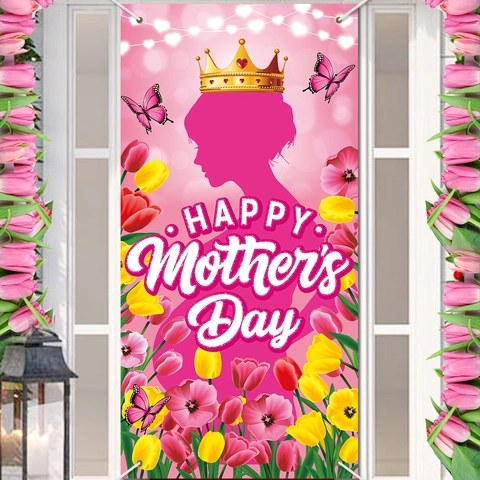 Gelukkige Moederdag Deur Banner Roze Polyester Bloemen Tulp Vlinder Koningin Silhouet Kroon Feest Achtergrond Decoratie