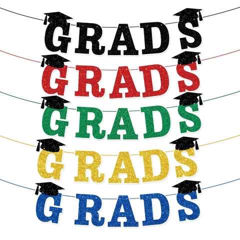 Grads Banner Glitter Paper Graduation Party Decoration Doctoral Cap Design Classroom Home Wall Decor Celebration Garland
