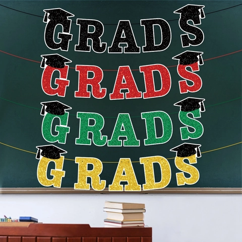 Grads Banner Glitter Paper Graduation Party Decoration Doctoral Cap Design Classroom Home Wall Decor Celebration Garland
