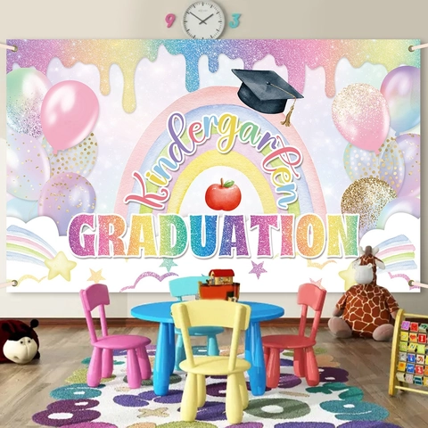 Kindergarten Abschluss Hintergrund Polyester Regenbogen Ballon Sterne Schule Party Fotografie Dekoration Banner Bunt