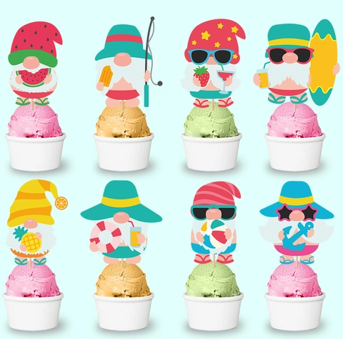 Topper Per Cupcake Gnomo Tema Spiaggia Estiva Decorazione Per Dessert Festa Hawaii Stecchini In Cartoncino Di Bambù