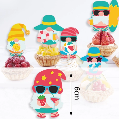 Topper Per Cupcake Gnomo Tema Spiaggia Estiva Decorazione Per Dessert Festa Hawaii Stecchini In Cartoncino Di Bambù