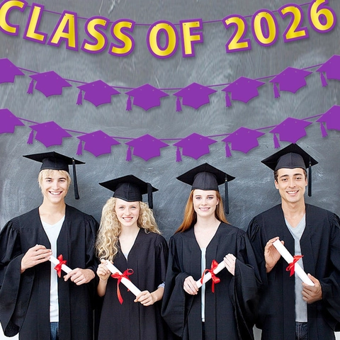 Graduation Party Banners Class Of 2026 Purple Gold Cardstock Bunting Graduation Cap Banner Ceremony Decoration Backdrop Props