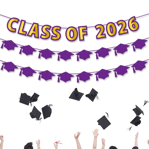 Graduation Party Banners Class Of 2026 Purple Gold Cardstock Bunting Graduation Cap Banner Ceremony Decoration Backdrop Props