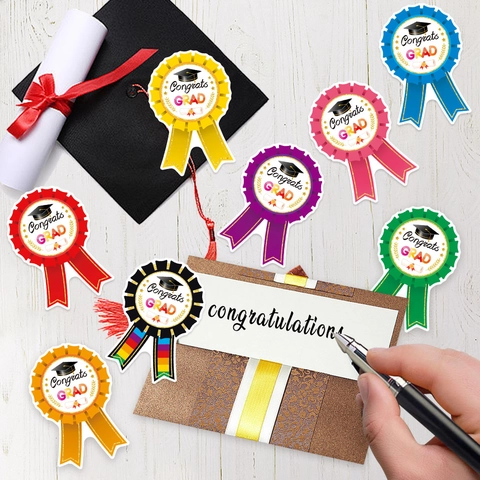 Adesivi Per Laurea Etichette Nastro Premiazione Colorato Congrats Grad Motivo Cappello Per Decorazione Festa Sigillo Busta
