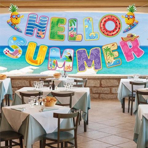 Hello Summer Party Banner Hangende Spiraal Ornamenten Papier PVC Tropisch Hawaï Strandthema Verjaardag Zwembad Decoratie