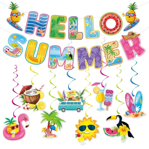 Hello Summer Party Banner Hangende Spiraal Ornamenten Papier PVC Tropisch Hawaï Strandthema Verjaardag Zwembad Decoratie